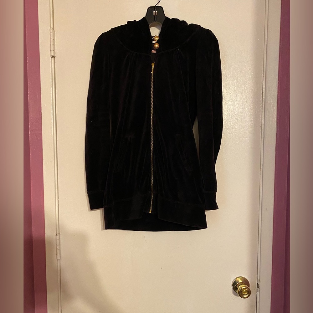Vintage Juicy Couture Black Velour Zip Up Sweater With Hoodie